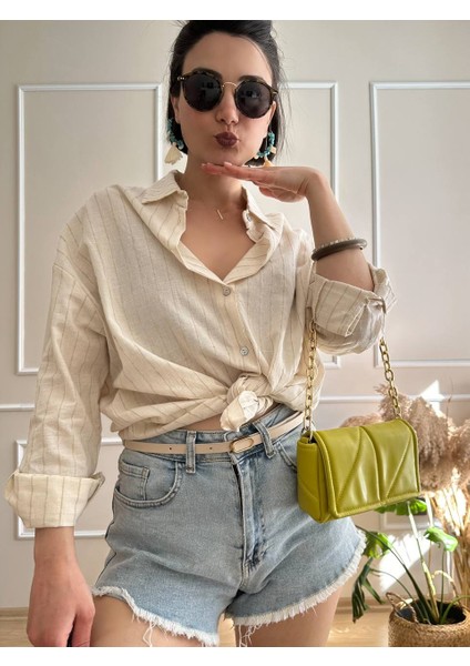 Bej Keten Çizgili Gömlek