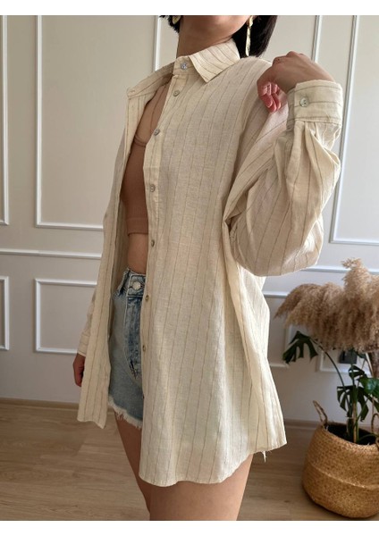 Bej Keten Çizgili Gömlek fiyatları