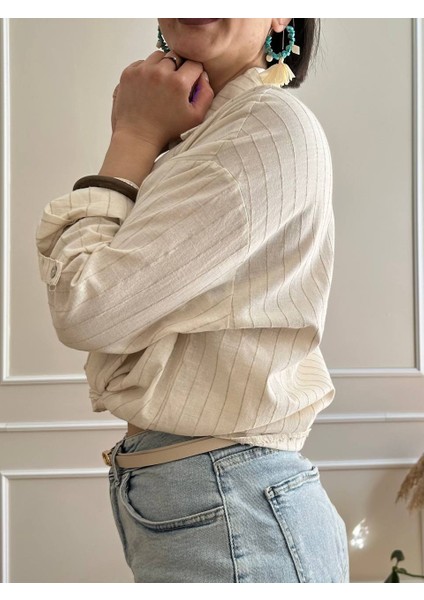 Bej Keten Çizgili Gömlek modelleri