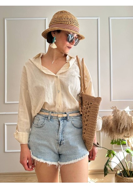 Bej Keten Çizgili Gömlek fırsatları