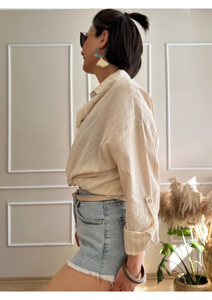 Bej Keten Çizgili Gömlek indirimleri