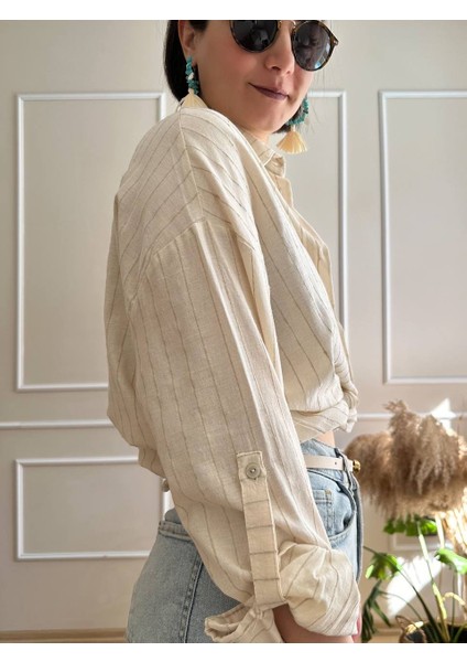 Bej Keten Çizgili Gömlek