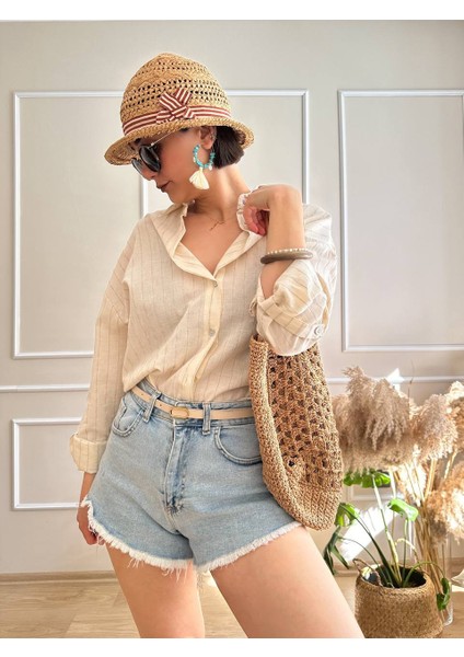 Bej Keten Çizgili Gömlek