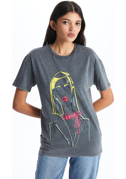 Lcw Vision Bisiklet Yaka Baskılı Kısa Kollu Kadın Tişört