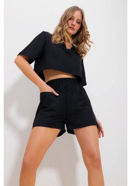 Kadın V Yaka Keten Bluz Şort Ikili Takım Siyah fiyatları