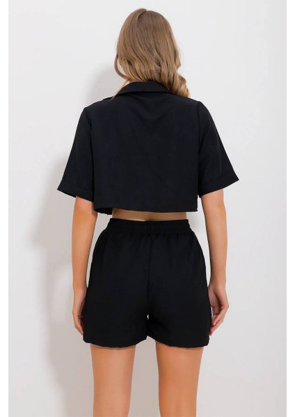 Kadın V Yaka Keten Bluz Şort Ikili Takım Siyah modelleri