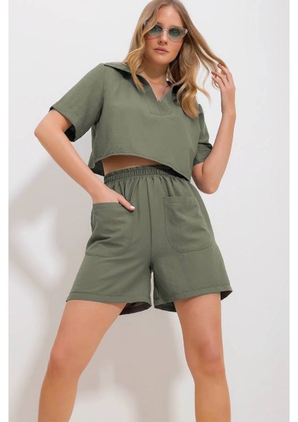 Kadın V Yaka Keten Bluz Şort Ikili Takım Yeşil