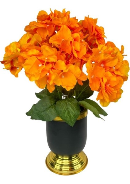 Yapay Çiçek Somon Ortanca Aranjmanı Siyah Gold Vazolu Masa Üstü Çiçeği Arajman