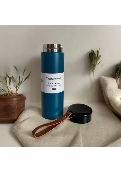 Modern Çift Vakum Yalıtımlı Yandan Deri Tutacaklı Mavi Sıcak/soğuk 450 ml Günlük, Hediyelik Termos