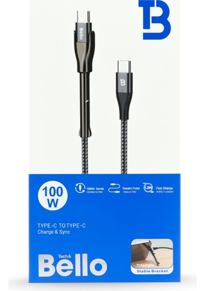 BA-02 Type-C Type-C Standlı Koruyuculu Örgülü Hızlı Şarj Data Kablosu 100W 1.2m