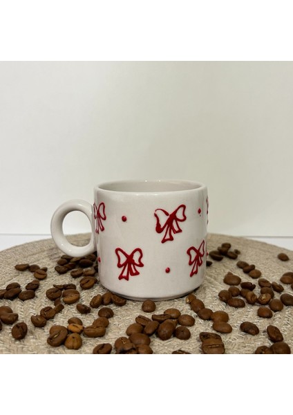 Seramik Kupa Mug Kırmızı Kurdele Fiyonk Desenli 60