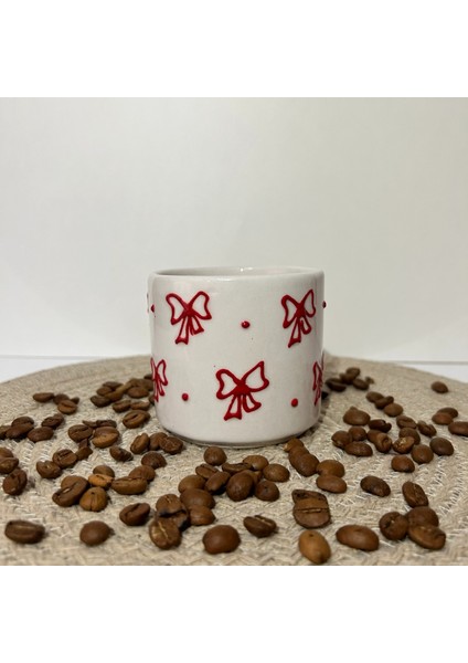 Seramik Kupa Mug Kırmızı Kurdele Fiyonk Desenli 60