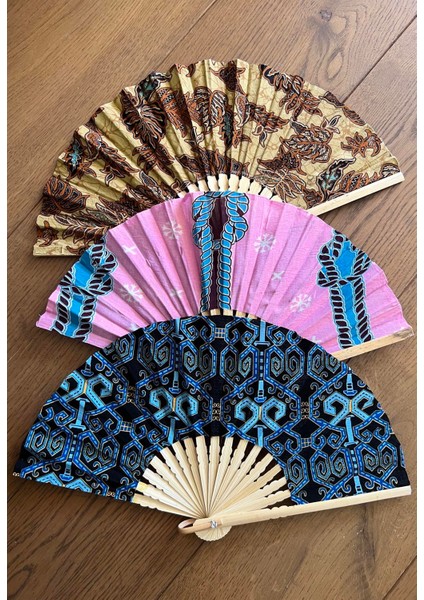 El Yapımı Ahşap Yelpaze Endonezya Batik Kumaş -10 Adet Büyük Boy 27 cm