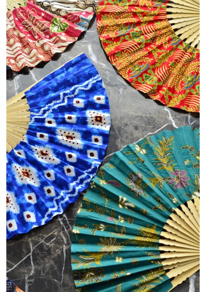 El Yapımı Ahşap Yelpaze Endonezya Batik Kumaş -10 Adet Büyük Boy 27 cm