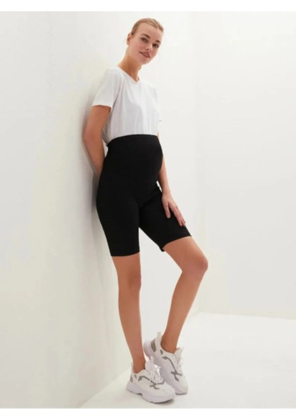 Kadın Siyah Ayarlanabilir Bel Organik Kısa Hamile Tayt