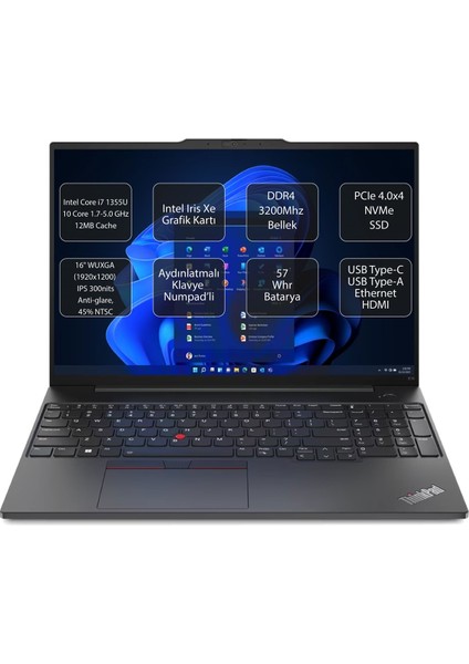 Thinkpad E16 Intel Core I7 1355U 40GB 512GB SSD 16" Fhd+ Wuxga Windows 11 Pro Taşınabilir Bilgisayar 21JN0007TX Zo5