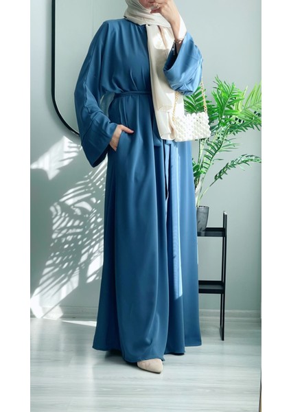 Abaya Ferace Çıtçıtlı Uzun Abaya Kap Kuşaklı Krep Abaya