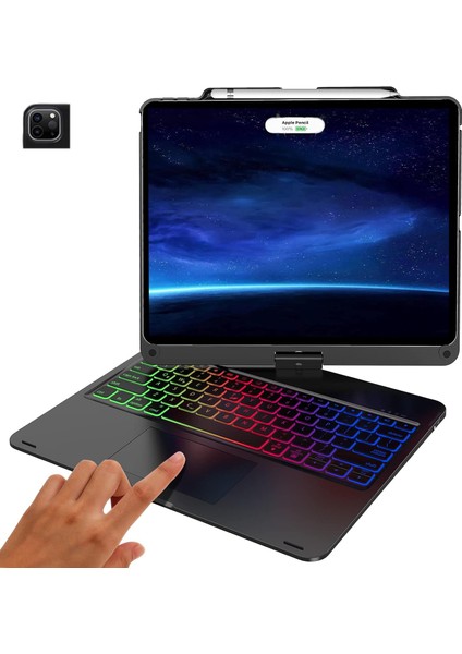 Ipad Air 13 Inç 1. Nesil M2 Çipli Klavyeli Kılıf 360 Dönebilen Rgb Tuşlu Touchpad Özellikli