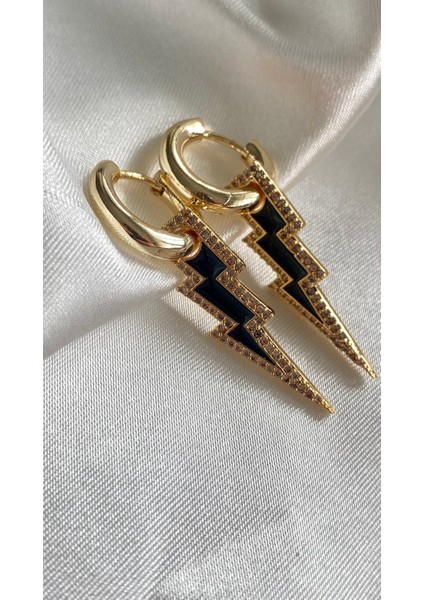 Gold Zirkon Taşlı Siyah Detaylı Şimşek Küpe