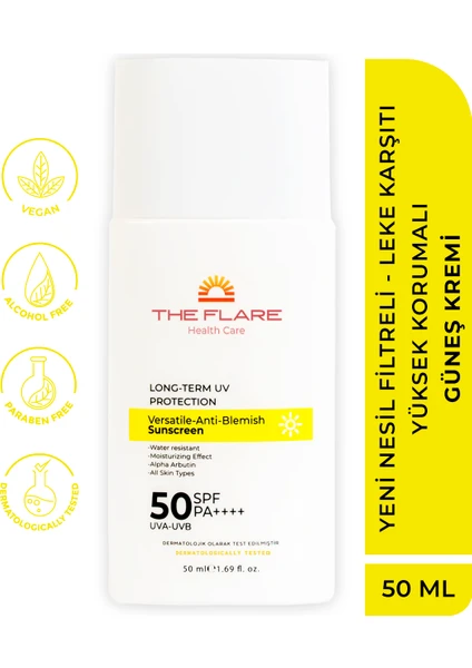 The Flare Health Care Yeni Nesil Filtreli - Leke Karşıtı Yüksek Korumalı 50 Spf+ Yüz Güneş Kremi Tüm Ciltler İçin 50 ml