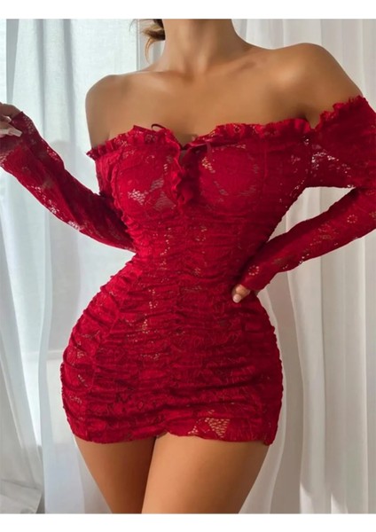 Büzgülü Bağlama Detaylı Vücuda Oturan Gösteren Dantel Mini Elbise Geniş Beden Aralığı