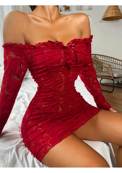 Büzgülü Bağlama Detaylı Vücuda Oturan Gösteren Dantel Mini Elbise Geniş Beden Aralığı modelleri