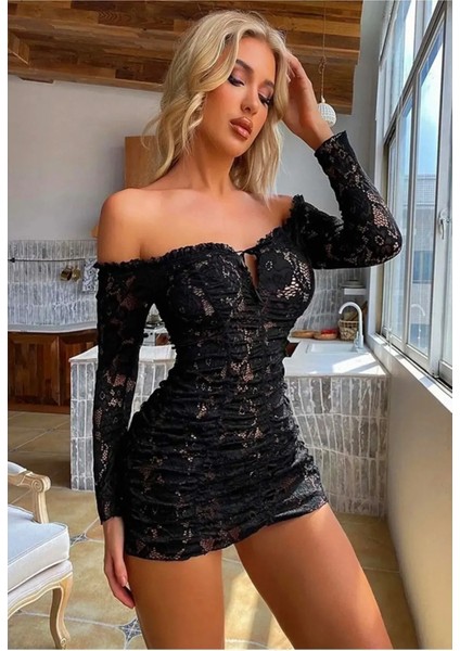 Büzgülü Bağlama Detaylı Vücuda Oturan Gösteren Dantel Mini Elbise Geniş Beden Aralığı modelleri