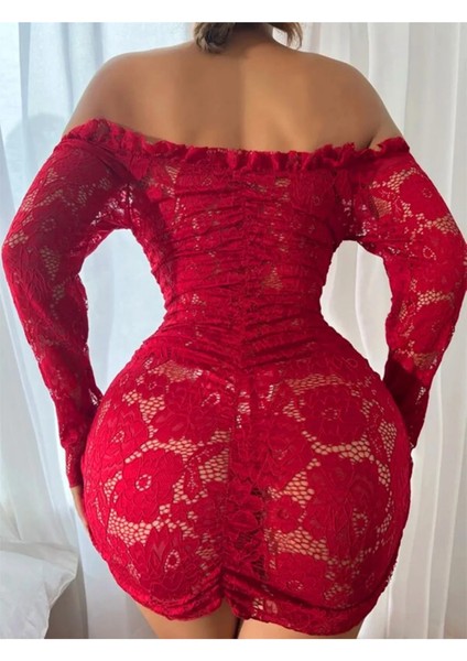 Büzgülü Bağlama Detaylı Vücuda Oturan Gösteren Dantel Mini Elbise Geniş Beden Aralığı