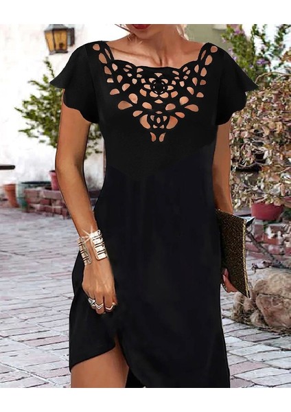 Kadın Kısa Kollu Yaka Lazer Kesim Sandy Elbise modelleri