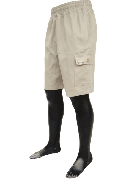 Bej Erkek Rahat Kesim Beli Lastikli Komando Cepli Gabardin Bermuda Şort EDY307B