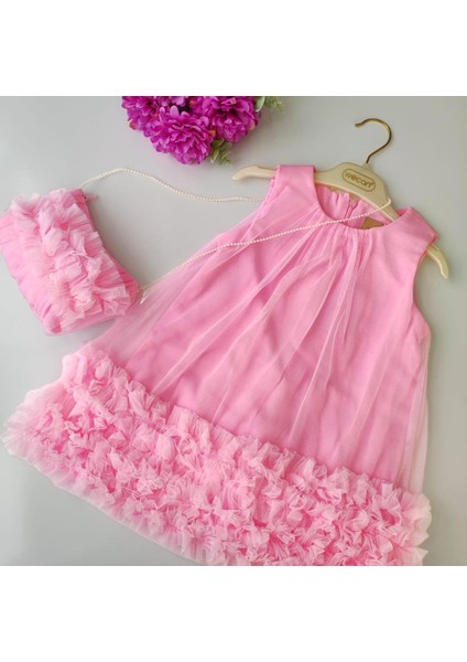 Şeker Pembe Çantalı Tül Fırfırlı Kız Bebek Prenses Elbise