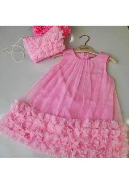 Şeker Pembe Çantalı Tül Fırfırlı Kız Bebek Prenses Elbise