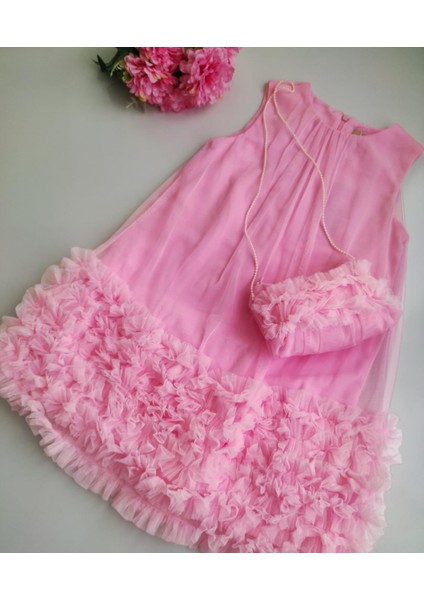 Şeker Pembe Çantalı Tül Fırfırlı Kız Bebek Prenses Elbise