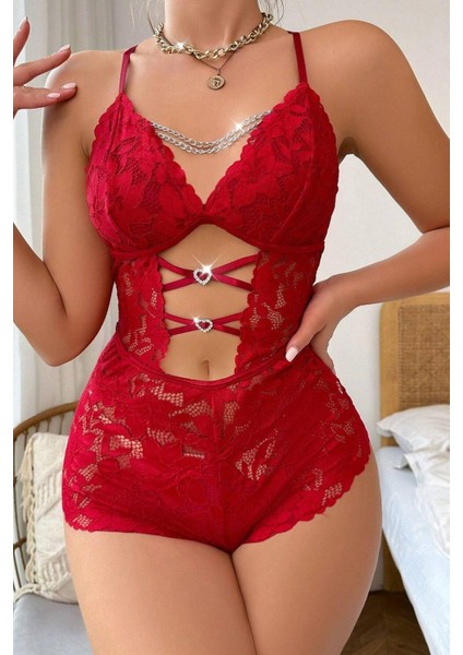 Yeni Nesil Toptancı - YNT Ynt Kırmızı Zincir Detaylı Dantelli Babydoll 15098