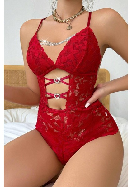 Yeni Nesil Toptancı - YNT Ynt Kırmızı Zincir Detaylı Dantelli Babydoll 15098