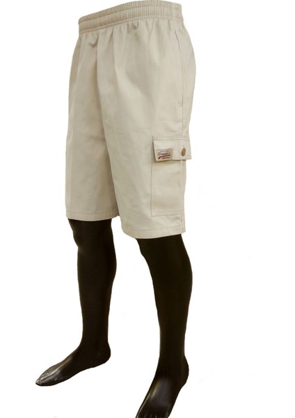 Krem Erkek Rahat Kesim Beli Lastikli Komando Cepli Gabardin Bermuda Şort EDY307K