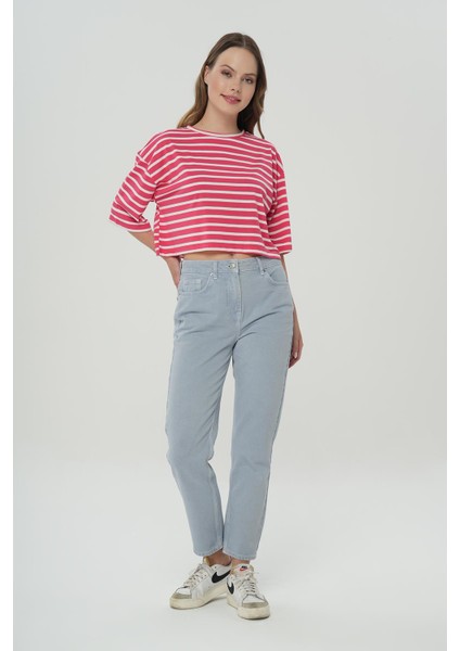 Ariana Gri-Mavi Yüksek Bel Patı Fermuarlı Mom Jean Pantolon C 4525-139