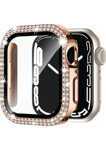 Apple Watch 41 mm Uyumlu Taşlı Ekran ve Kasa Koruyucu Rose Gold (Ürün Saat Koruyucusudur)