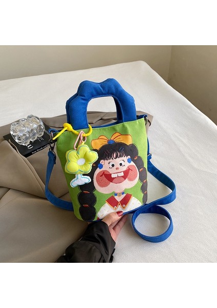 Kolyeli Yeni Stil Karikatür Grafiti Kanvas Çanta, Kişiselleştirilmiş Kız Kova Çantası, Kanvas Omuz Crossbody Çanta (Yurt Dışından)