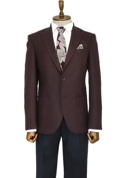 Slim Fit Desensiz Geniş Yaka Bordo Erkek Yün Ceket - Wessi modelleri