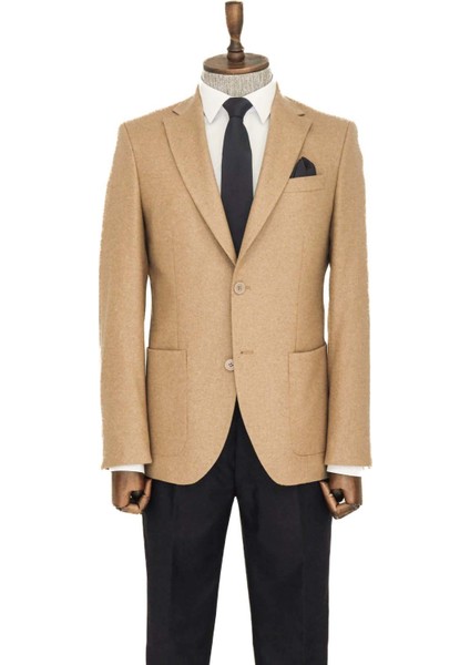 Slim Fit Desensiz Geniş Yaka Taba Erkek Yün Ceket - Wessi