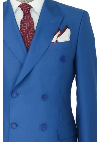 Geniş Sivri Yakalı Slim Fit Mavi Erkek Kruvaze Takım Elbise - Wessi