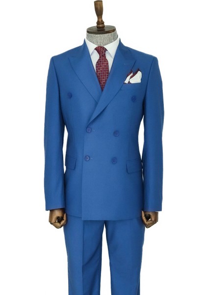 Geniş Sivri Yakalı Slim Fit Mavi Erkek Kruvaze Takım Elbise - Wessi