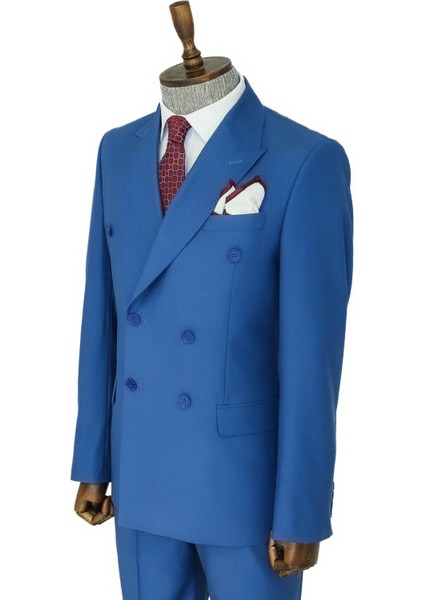 Geniş Sivri Yakalı Slim Fit Mavi Erkek Kruvaze Takım Elbise - Wessi
