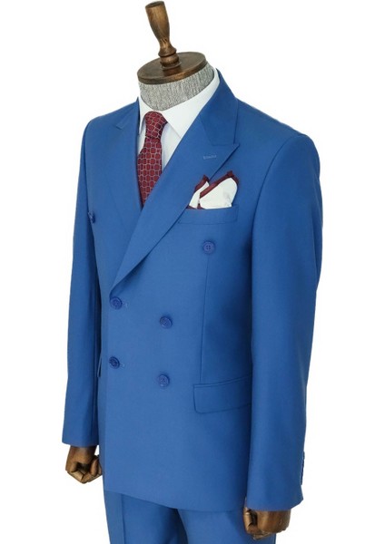 Geniş Sivri Yakalı Slim Fit Mavi Erkek Kruvaze Takım Elbise - Wessi