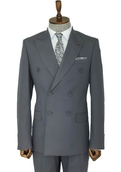 Geniş Sivri Yakalı Çizgili Desenli Slim Fit Gri Erkek Kruvaze Takım Elbise - Wessi