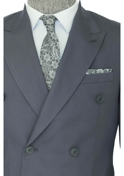 Geniş Sivri Yakalı Çizgili Desenli Slim Fit Gri Erkek Kruvaze Takım Elbise - Wessi fiyatları