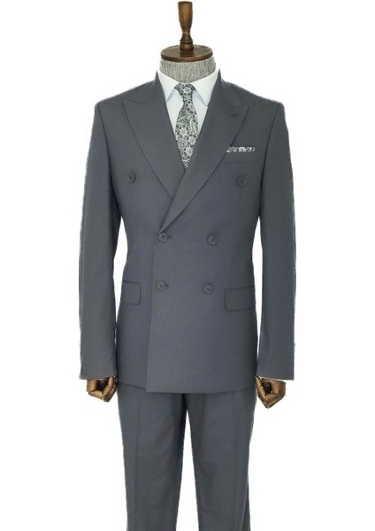Geniş Sivri Yakalı Çizgili Desenli Slim Fit Gri Erkek Kruvaze Takım Elbise - Wessi modelleri
