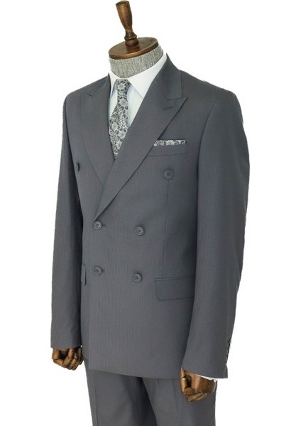 Geniş Sivri Yakalı Çizgili Desenli Slim Fit Gri Erkek Kruvaze Takım Elbise - Wessi fırsatları