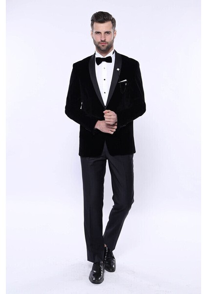 Düz Siyah Velvet Ceket | Wessi